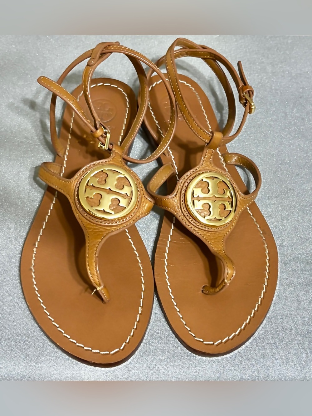 Tory Burch Tan Leather Logo Thong Sandals with Gold Medallions